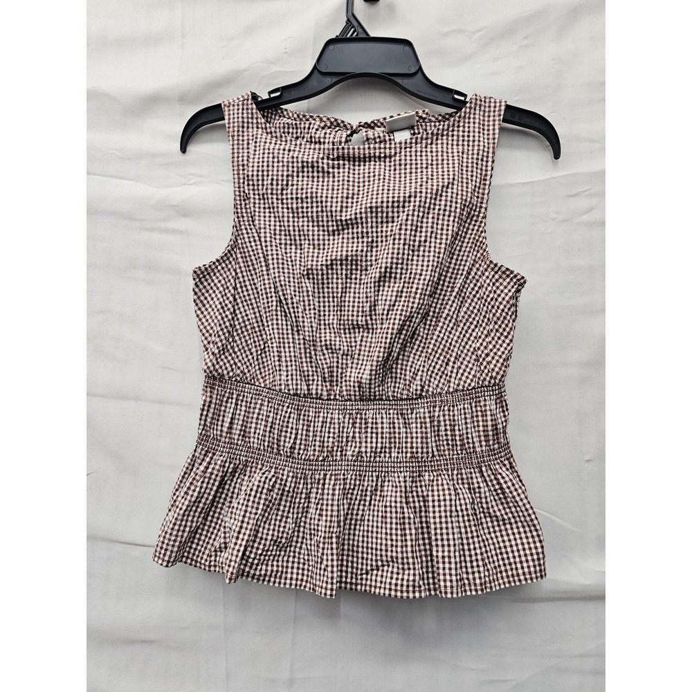 A New Day Womens Gingham Peplum Sleeveless Top Brown Cotton Blend Casual Size XS